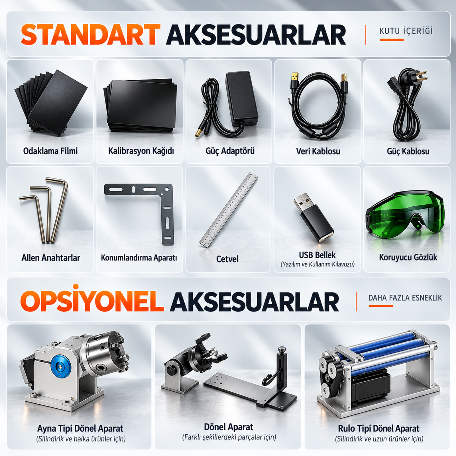 LaserGO Portable standart ve opsiyonel aksesuarlar panosu