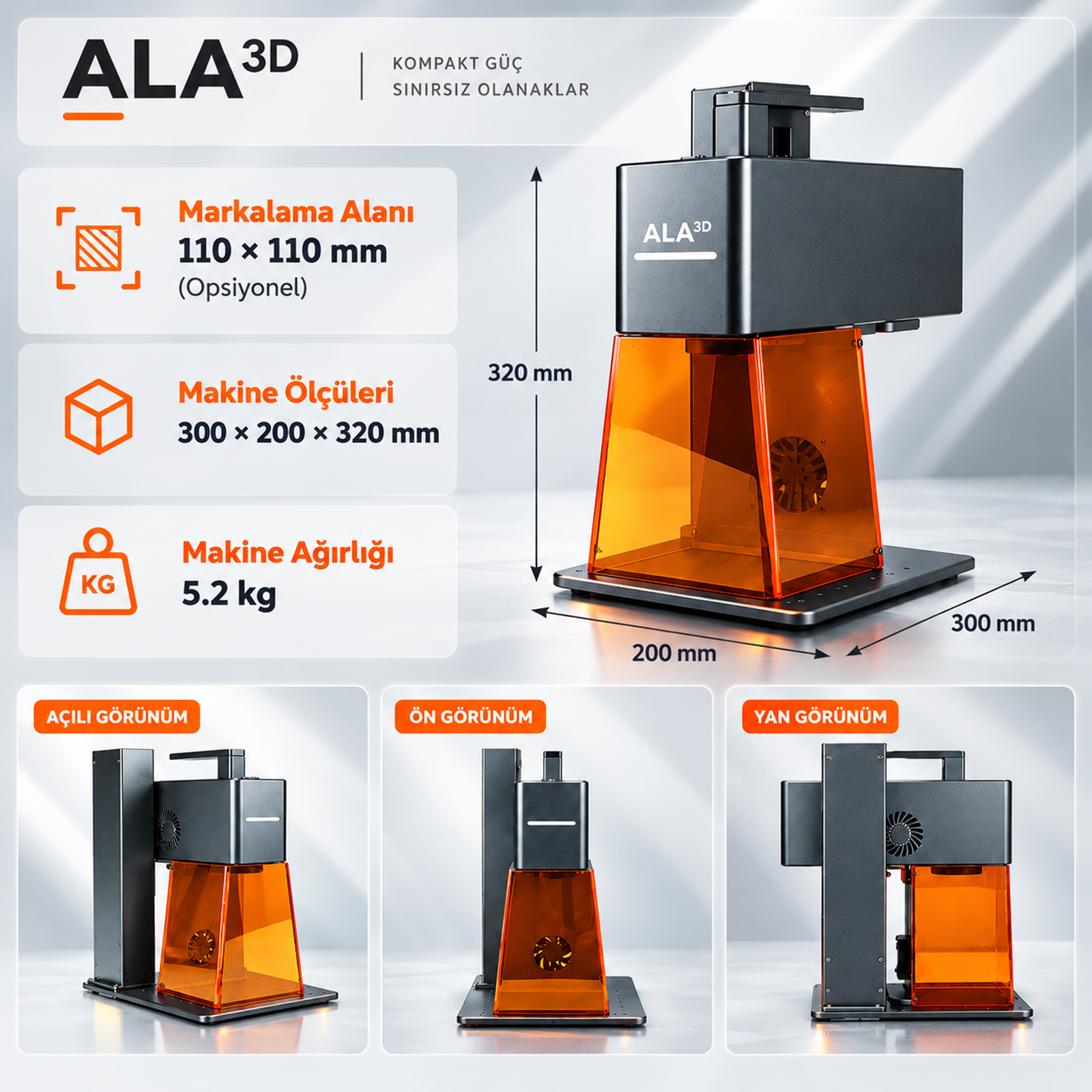 LaserGO Portable teknik ölçüler ve makine görünümleri