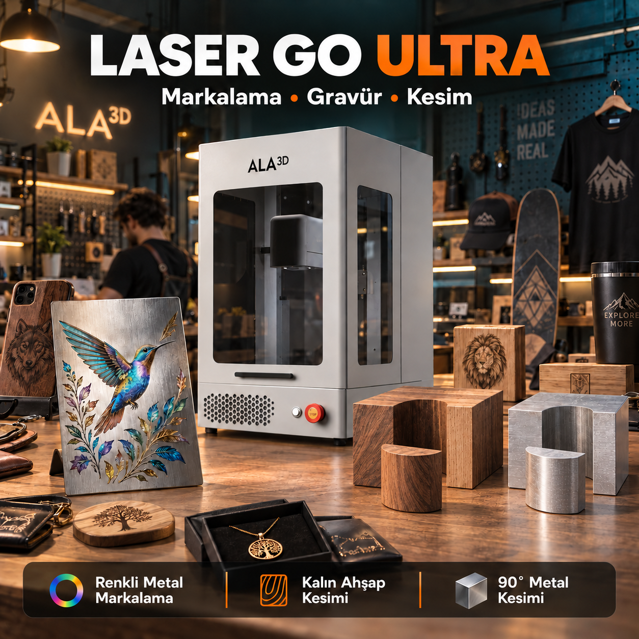 LaserGO Ultra makinesi ve markalama, gravür ve kesim örnekleri