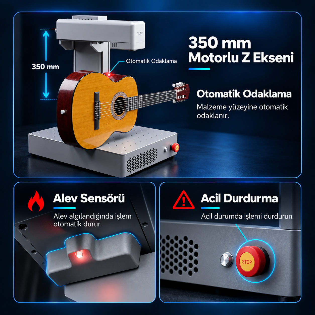 Motorlu Z ekseni, otomatik odaklama, alev sensörü ve acil durdurma