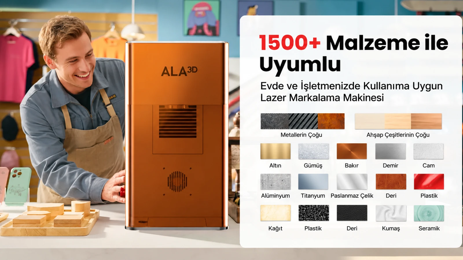 LaserGO ile farklı malzemelerde markalama uygulamalarını gösteren tanıtım görseli