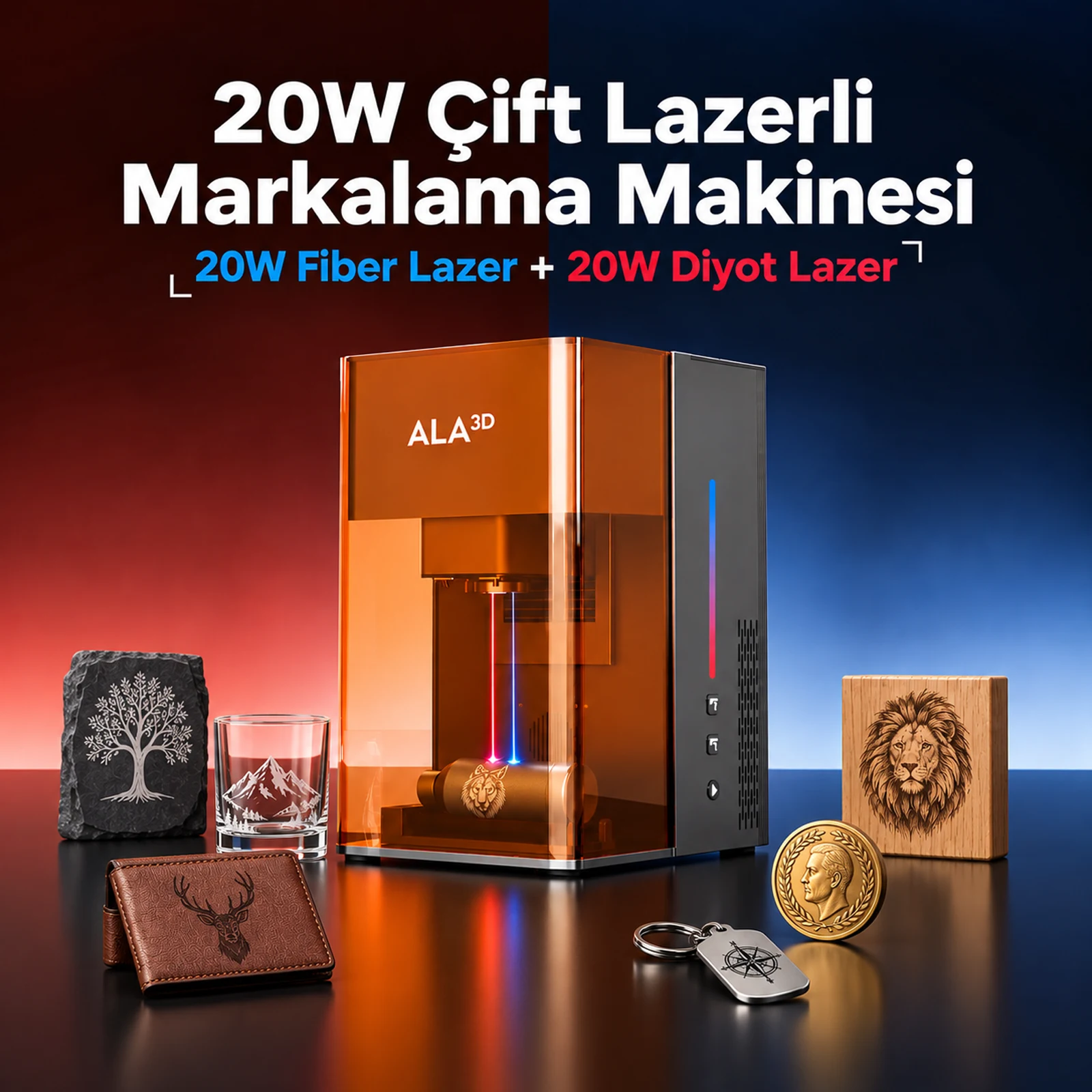 LaserGO çift lazer makinesi ve kişiselleştirilmiş ürün örnekleri