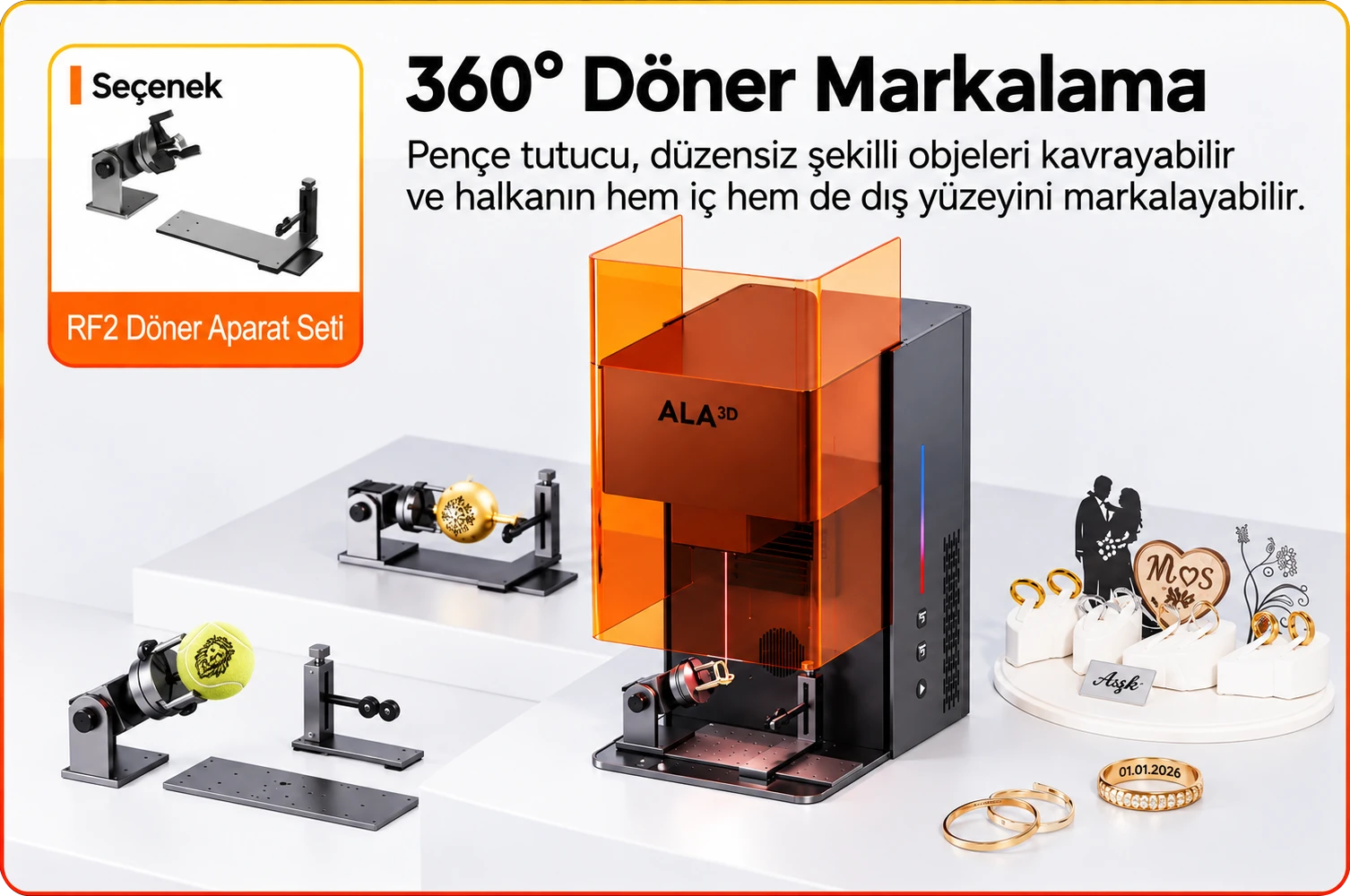 RF2 döner aparat ile yüzük ve düzensiz parçaların markalanması