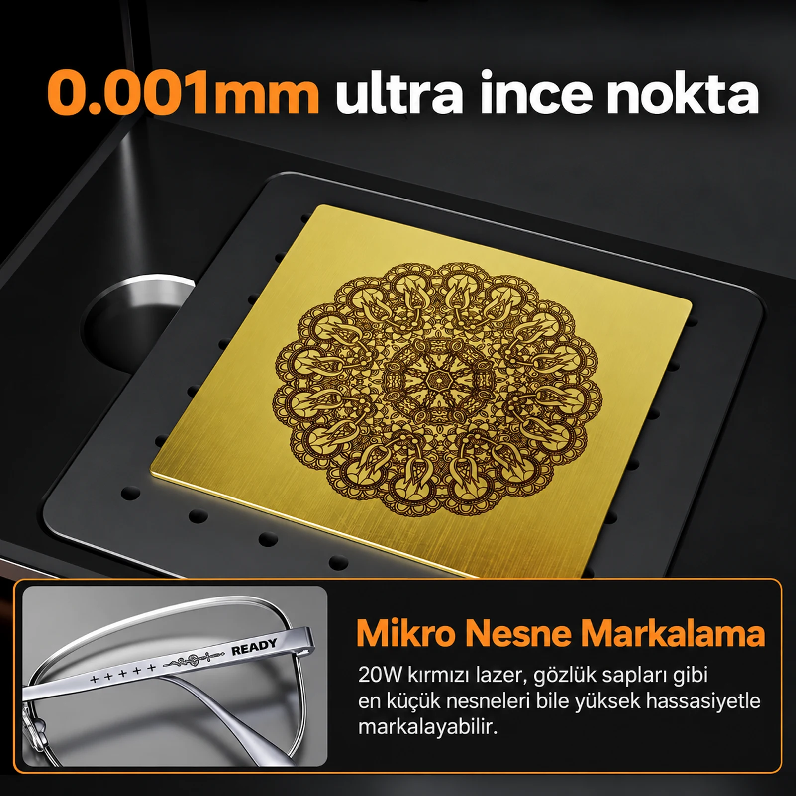 İnce desen ve gözlük çerçevesinde mikro markalama örneği