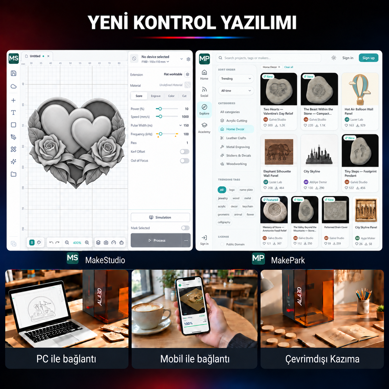 Yeni kontrol yazılımında MakeStudio, MakePark ve bağlantı seçenekleri